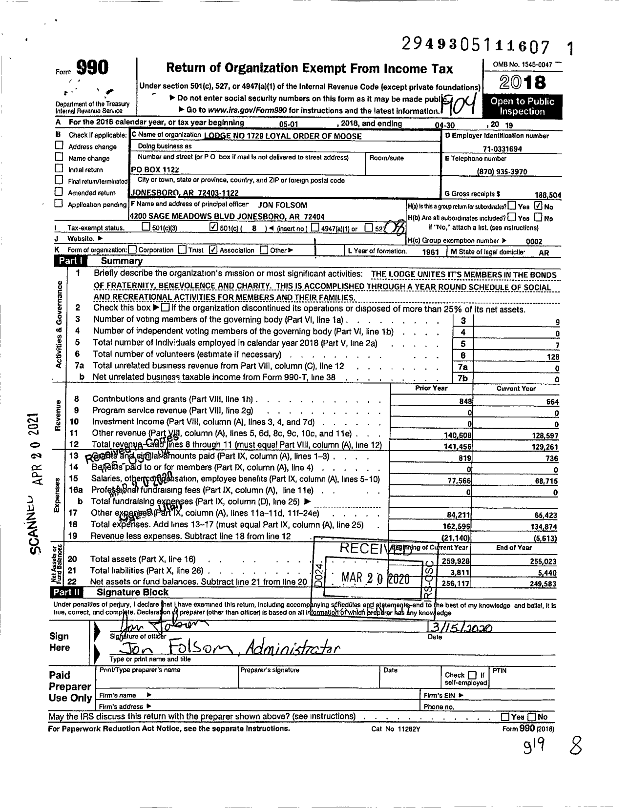 Image of first page of 2018 Form 990O for Jonesboro Lodge No 1729 Loyal Order of Moose