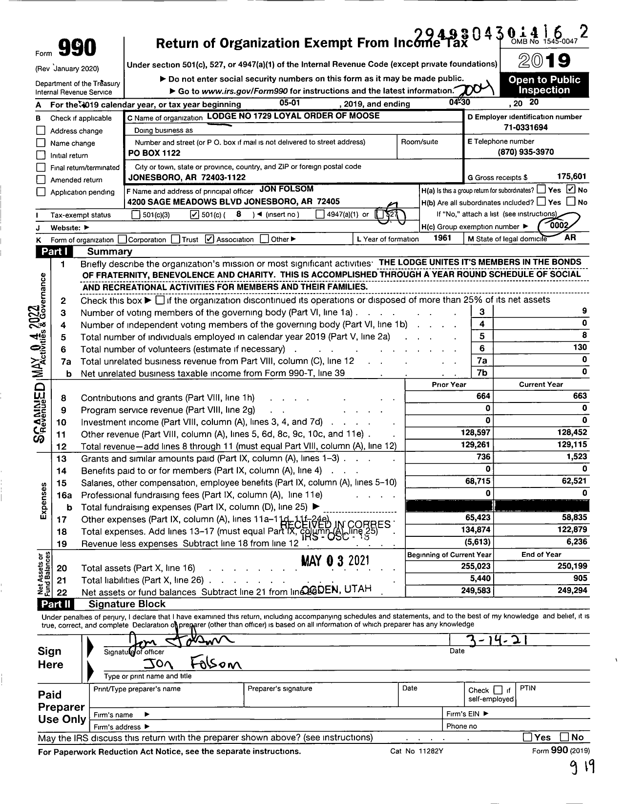 Image of first page of 2019 Form 990O for Jonesboro Lodge No 1729 Loyal Order of Moose