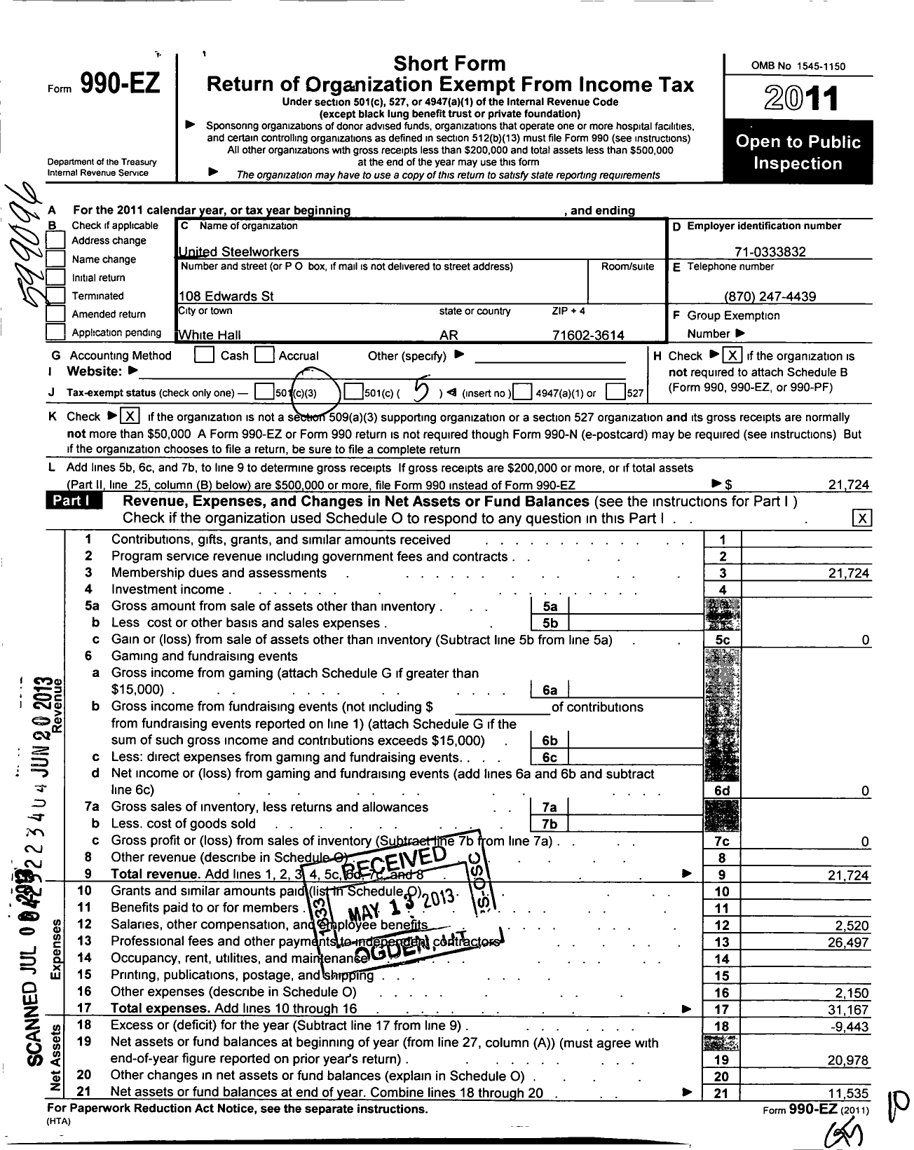 Image of first page of 2011 Form 990EO for United Steelworkers - 00936 Local