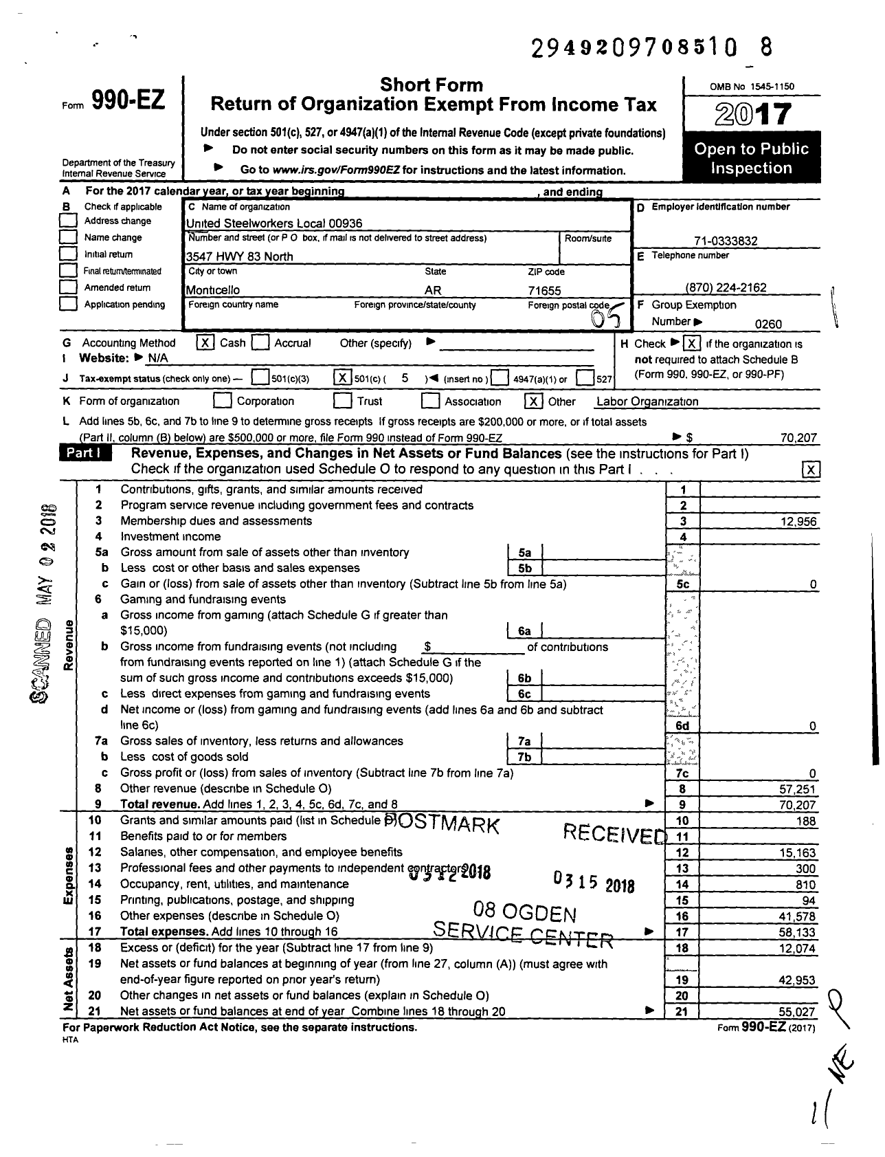 Image of first page of 2017 Form 990EO for United Steelworkers - 00936 Local