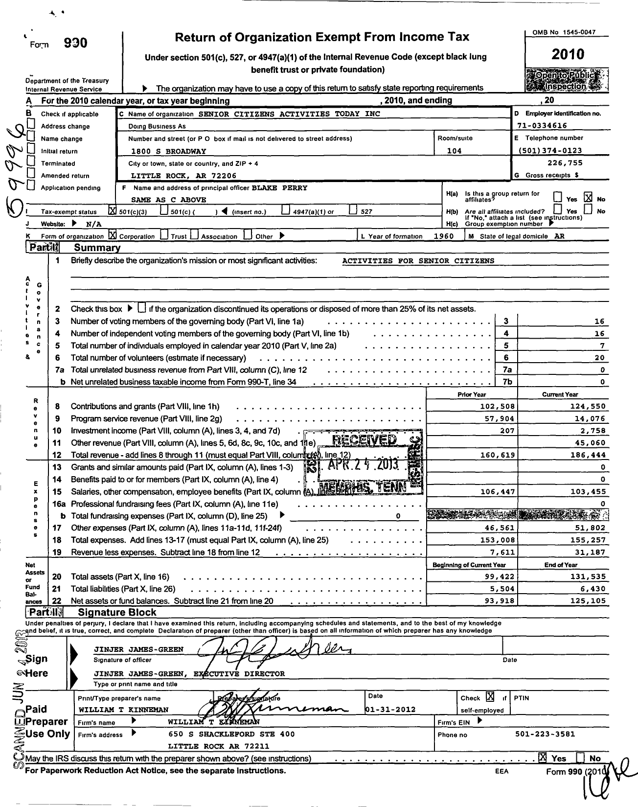 Image of first page of 2010 Form 990 for Senior Citizens Activities Today