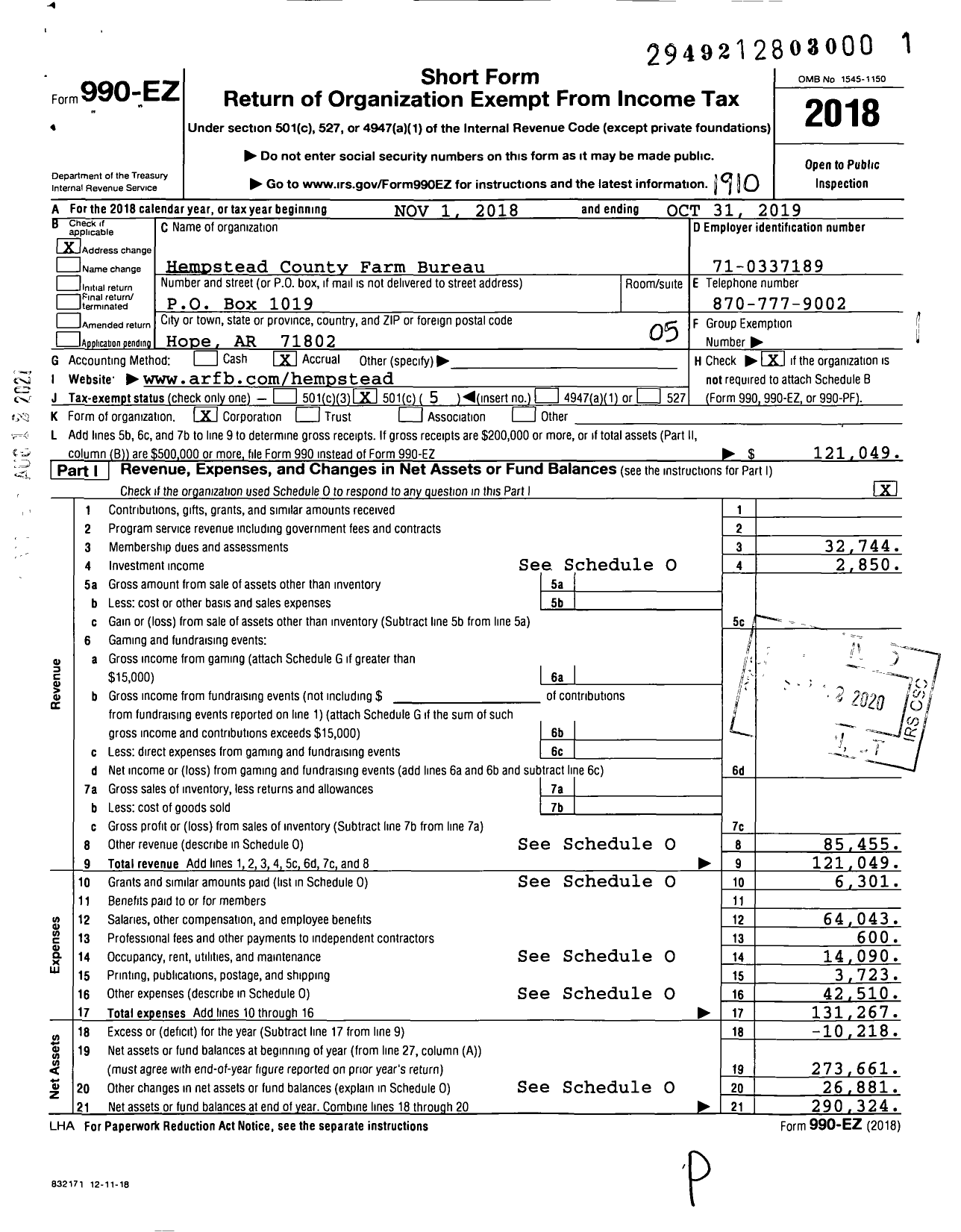 Image of first page of 2018 Form 990EO for Hempstead County Farm Bureau