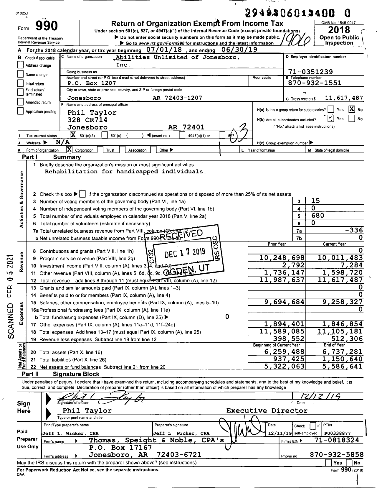 Image of first page of 2018 Form 990 for Abilities Unlimited of Jonesboro