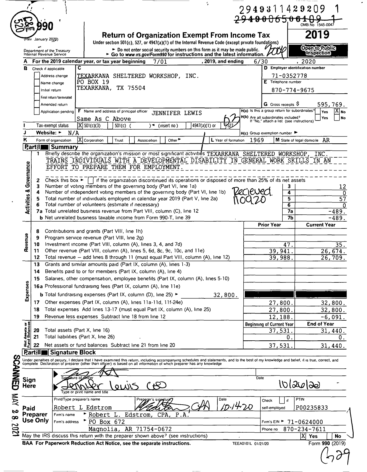 Image of first page of 2019 Form 990 for Texarkana Sheltered Workshop