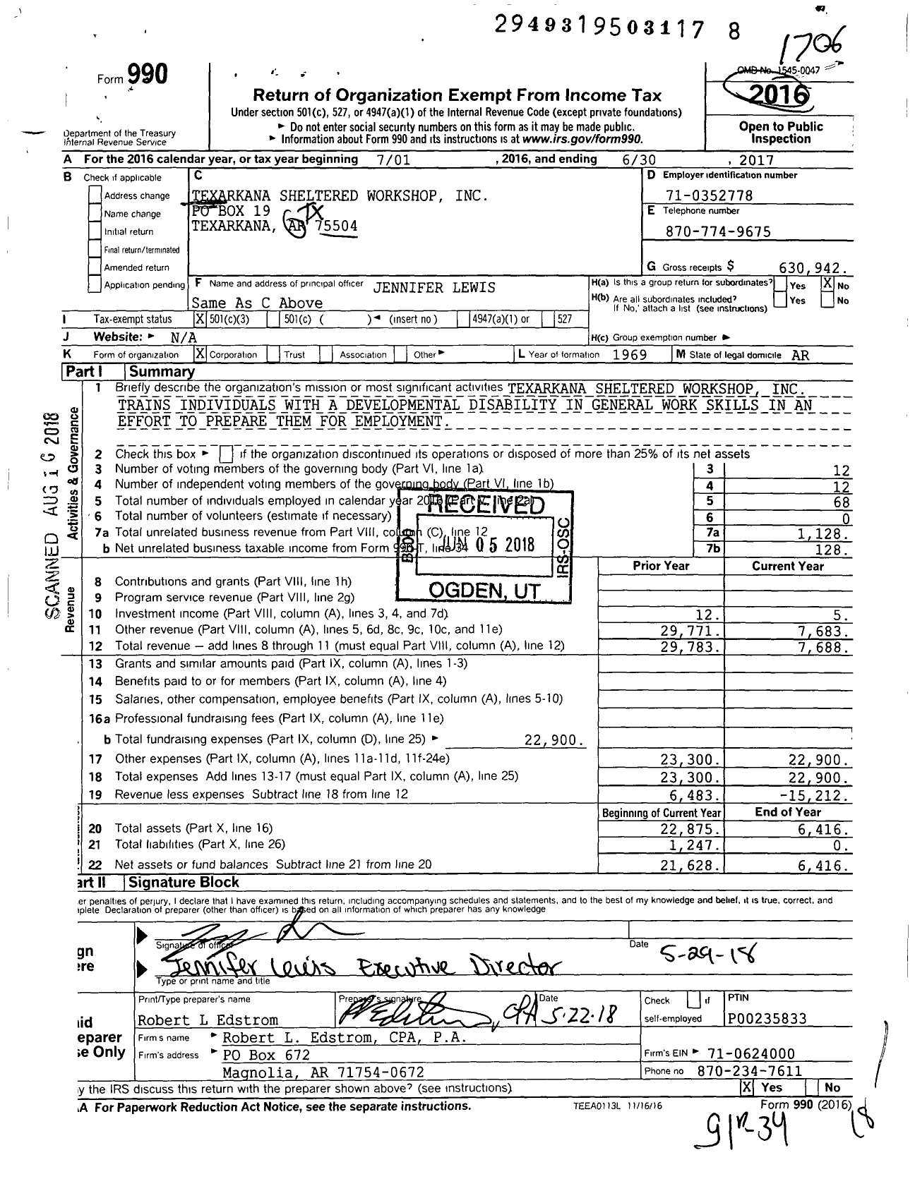 Image of first page of 2016 Form 990 for Texarkana Sheltered Workshop