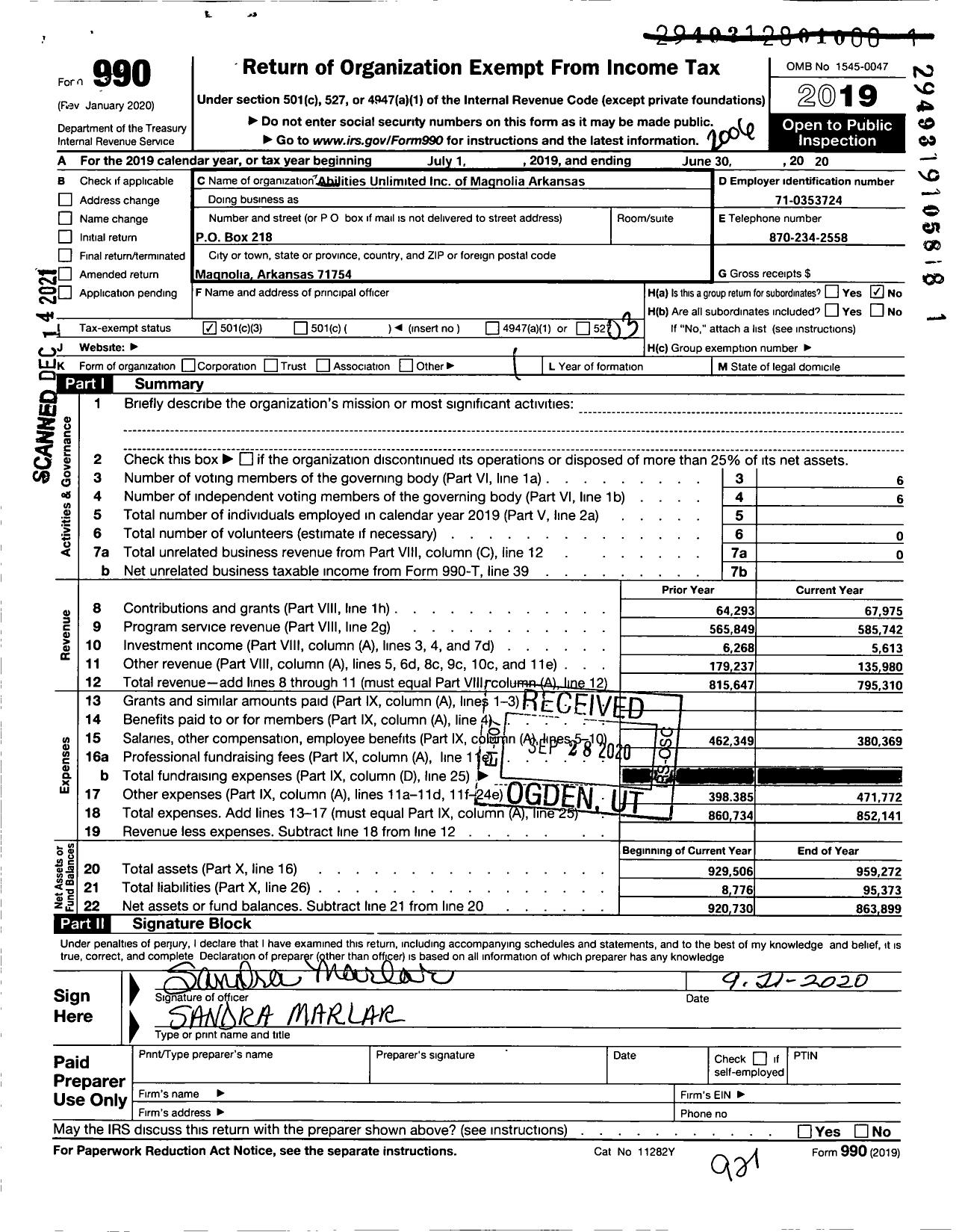 Image of first page of 2019 Form 990 for Abilities Unlimited