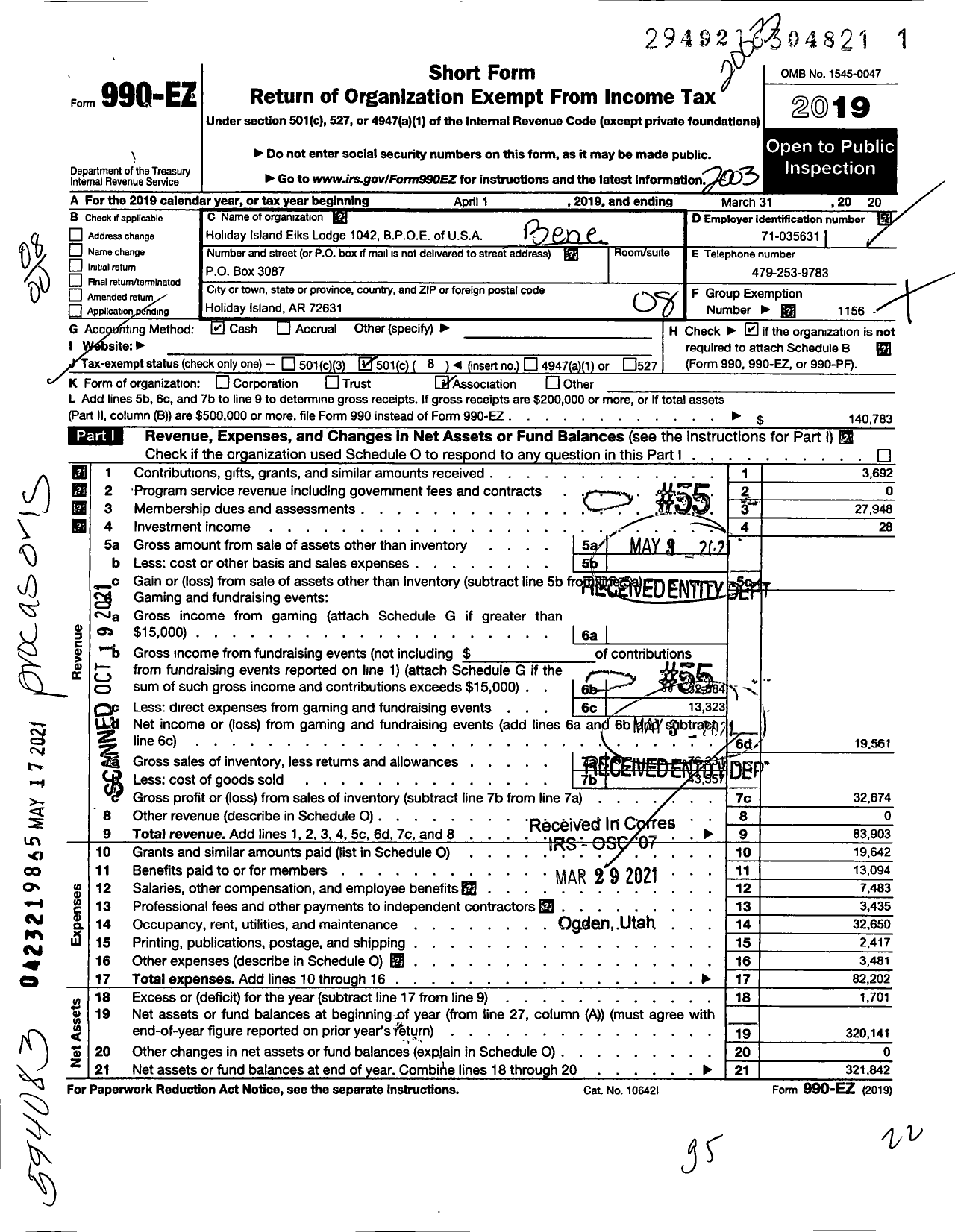 Image of first page of 2019 Form 990EO for Benevolent and Protective Order of Elks - 1042 Holiday Island