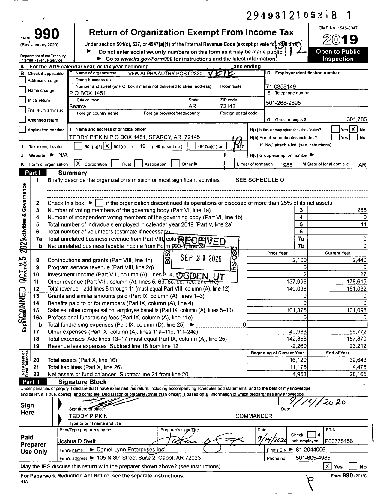 Image of first page of 2019 Form 990O for Veterans of Foreign Wars Dept of Arkansas - 2330 Alpha-Autry Post