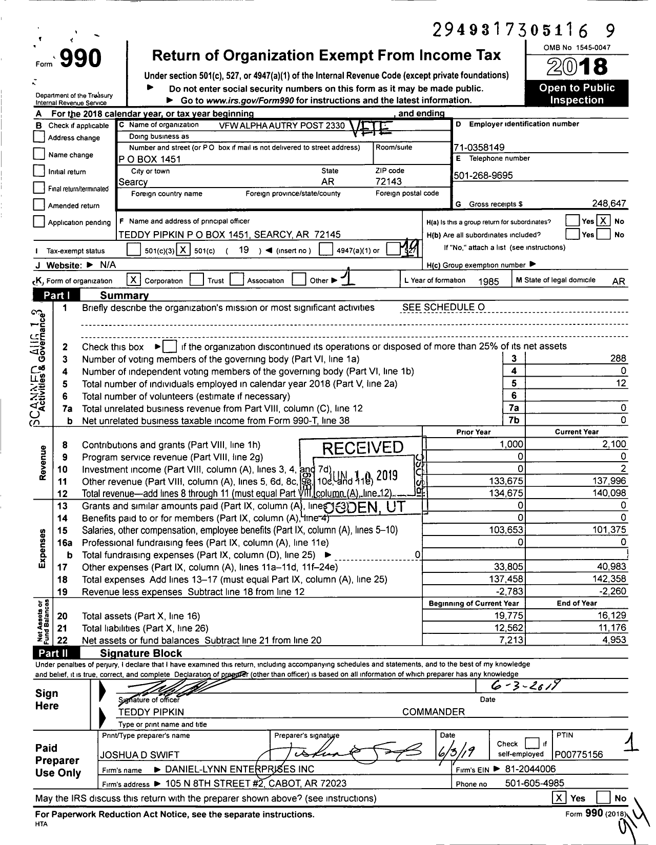 Image of first page of 2018 Form 990O for Veterans of Foreign Wars Dept of Arkansas - 2330 Alpha-Autry Post