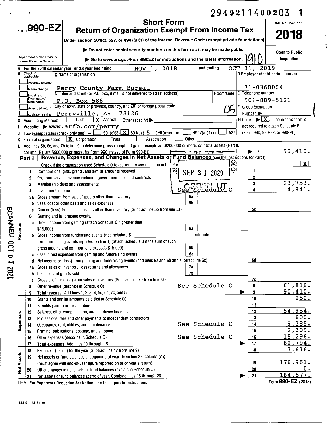 Image of first page of 2018 Form 990EO for Perry County Farm Bureau