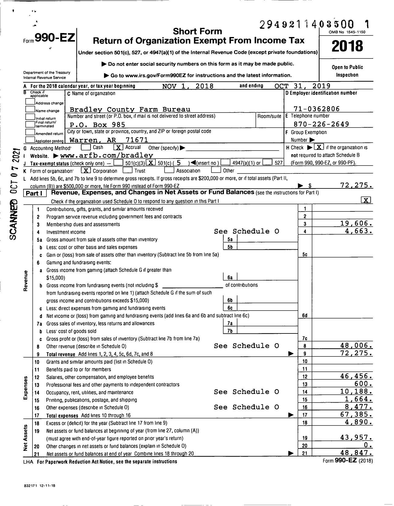 Image of first page of 2018 Form 990EO for Bradley County Farm Bureau