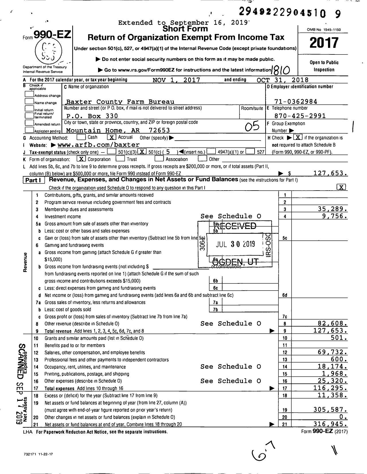 Image of first page of 2017 Form 990EO for Baxter County Farm Bureau