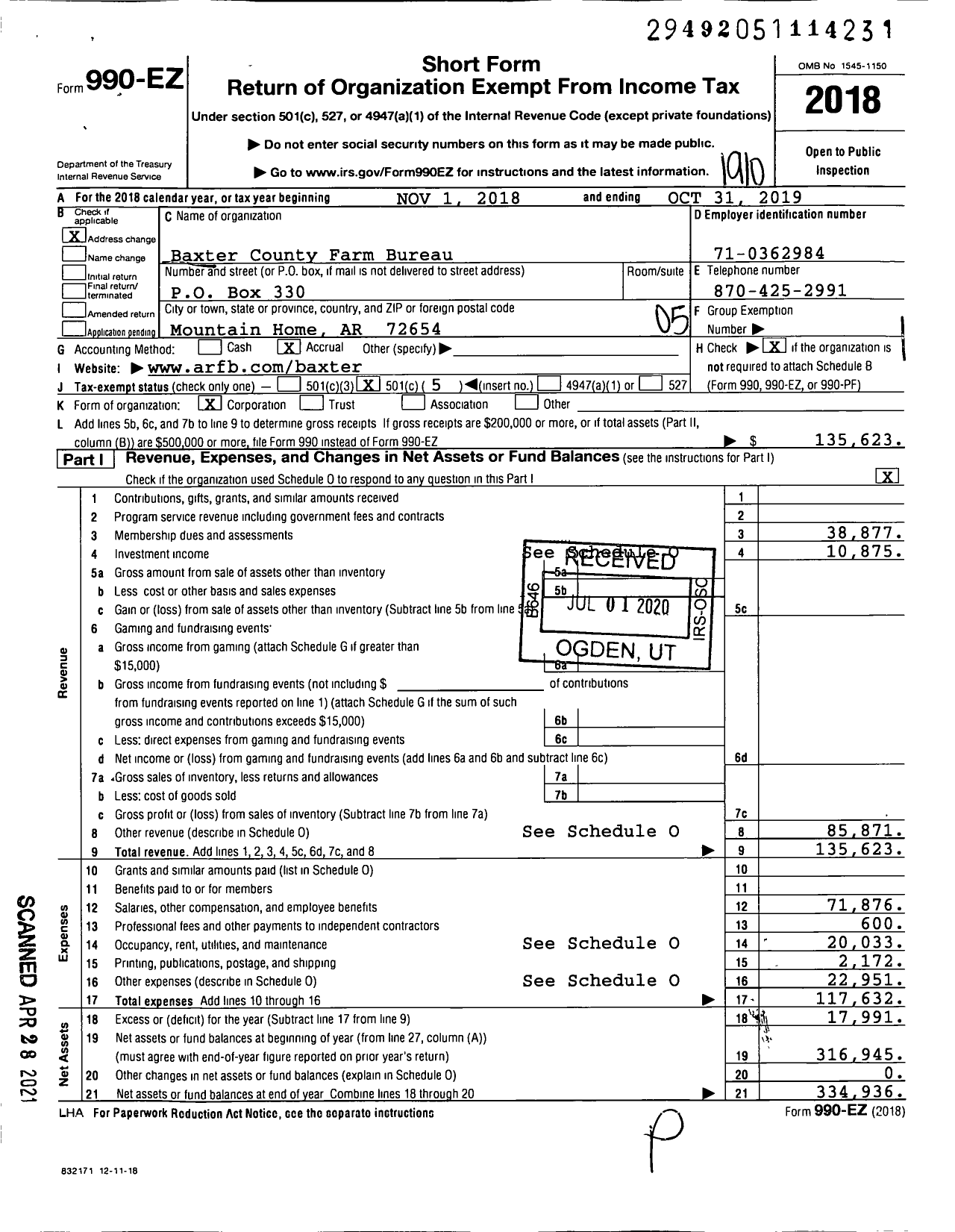 Image of first page of 2018 Form 990EO for Baxter County Farm Bureau