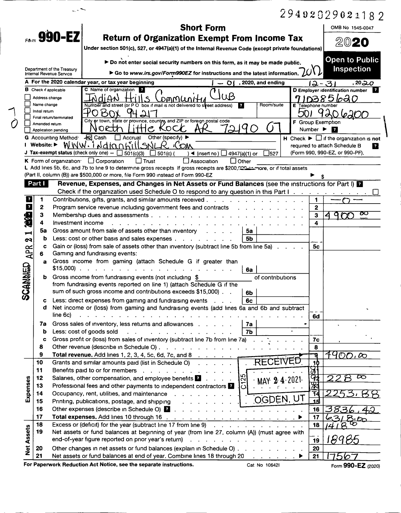 Image of first page of 2020 Form 990EO for Indian Hills Community Club