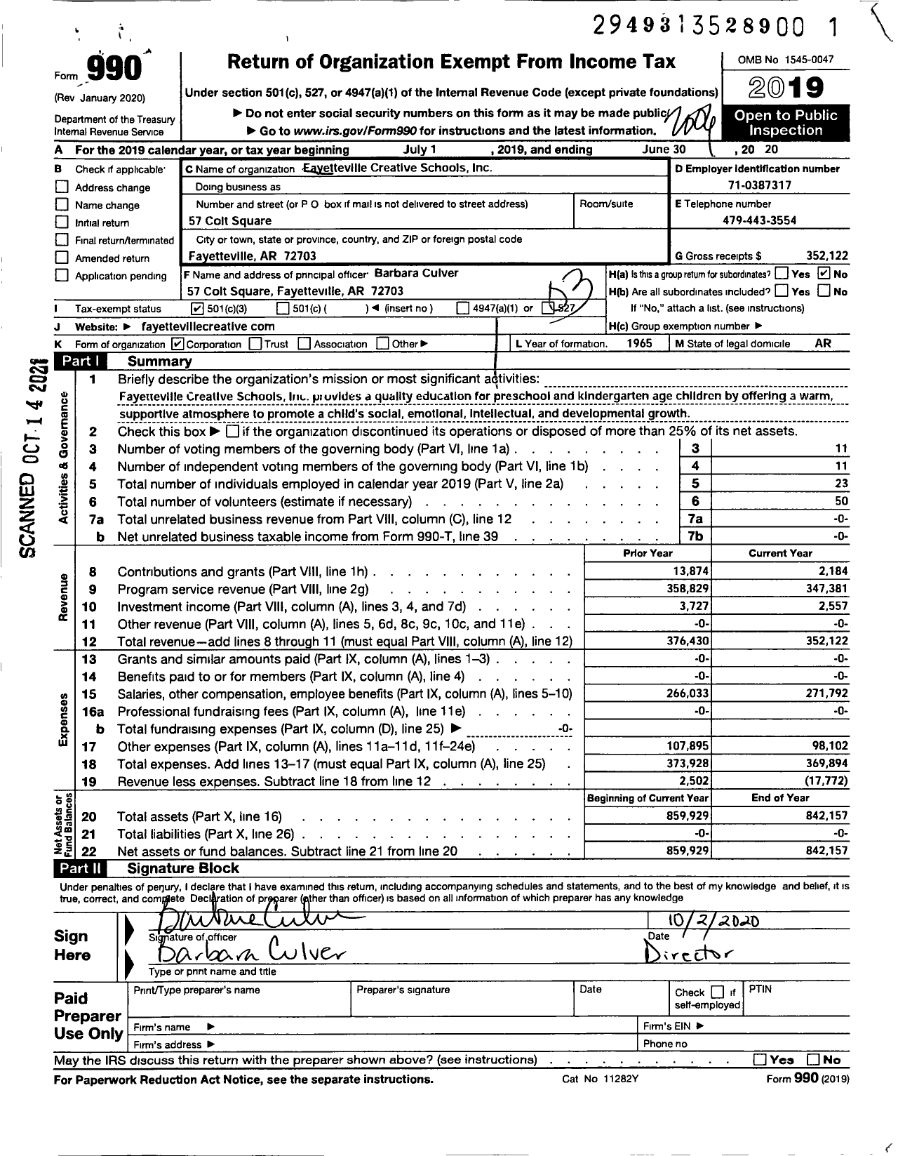 Image of first page of 2019 Form 990 for Fayetteville Creative Schools