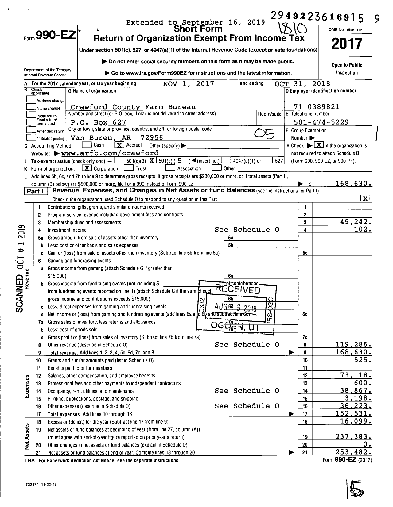 Image of first page of 2017 Form 990EO for Crawford County Farm Bureau