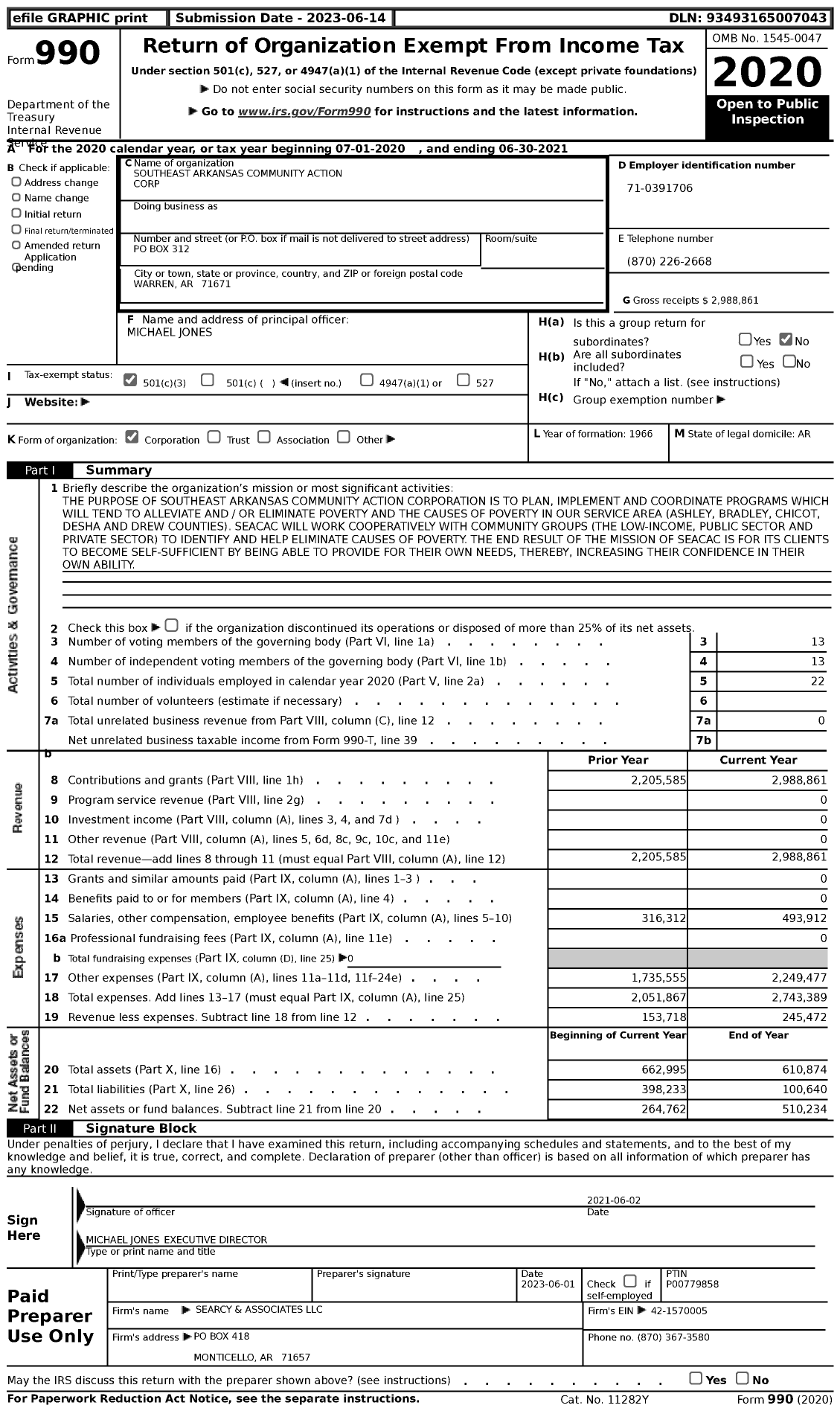 Image of first page of 2020 Form 990 for Southeast Arkansas Community Action Corporation