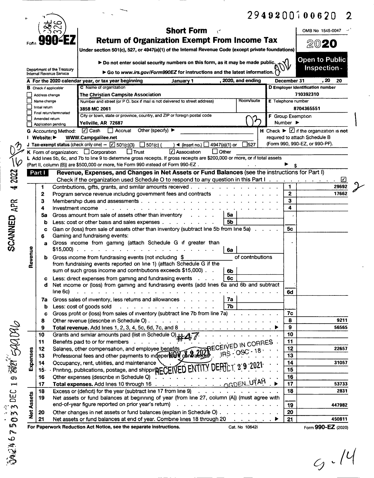 Image of first page of 2020 Form 990EZ for The Christian Campsite Association