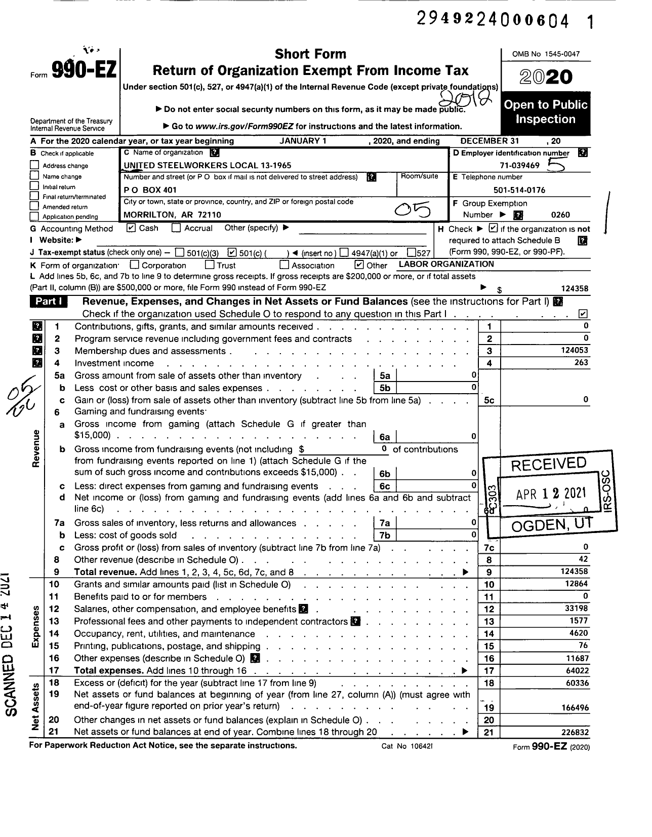 Image of first page of 2020 Form 990EO for United Steelworkers - 13-1965 Local