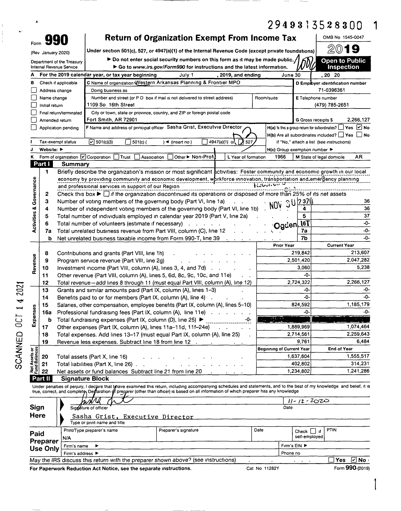 Image of first page of 2019 Form 990 for Western Arkansas Planning and