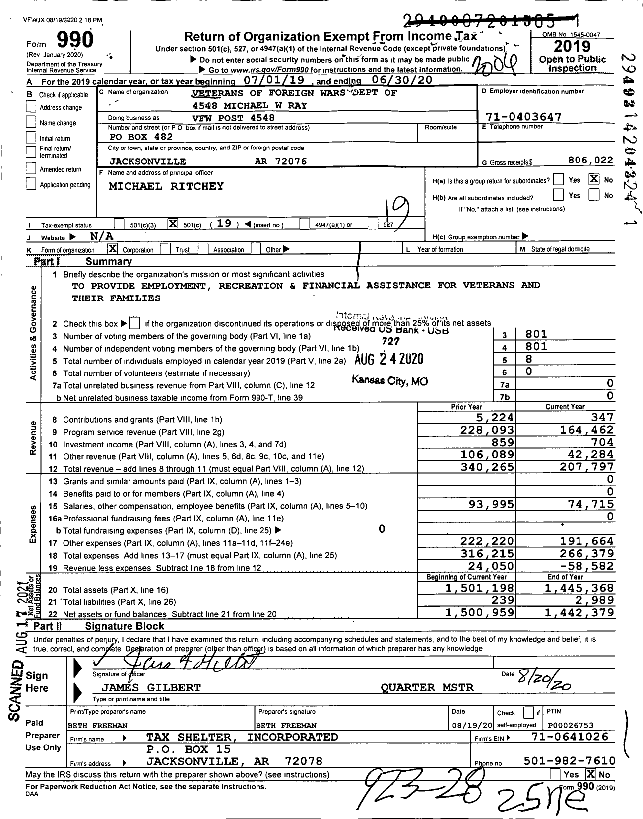 Image of first page of 2019 Form 990O for Veterans of Foreign Wars Department of Arkansas - VFW Post 4548