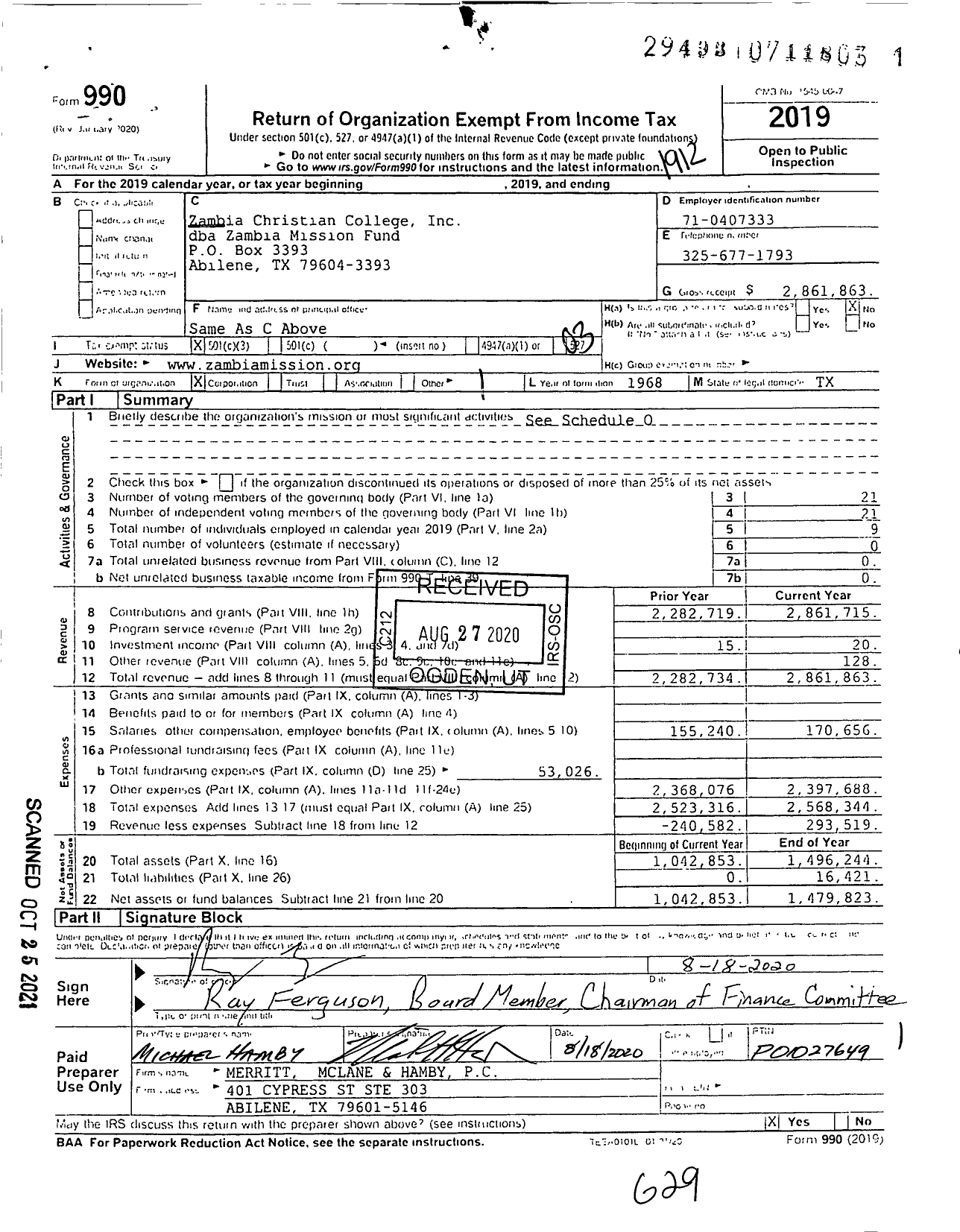 Image of first page of 2019 Form 990 for Zambia Mission Fund