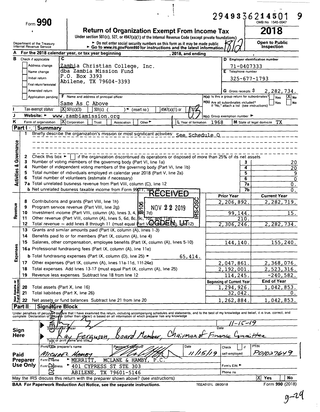 Image of first page of 2018 Form 990 for Zambia Mission Fund