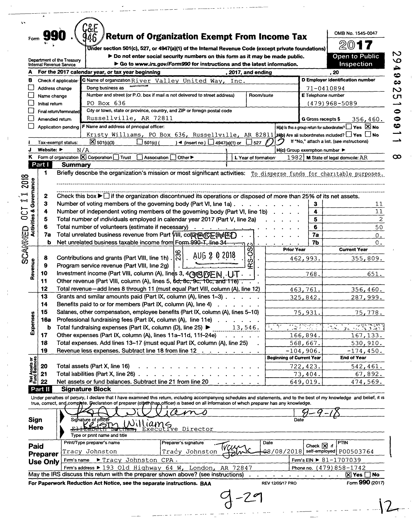 Image of first page of 2017 Form 990 for River Valley United Way