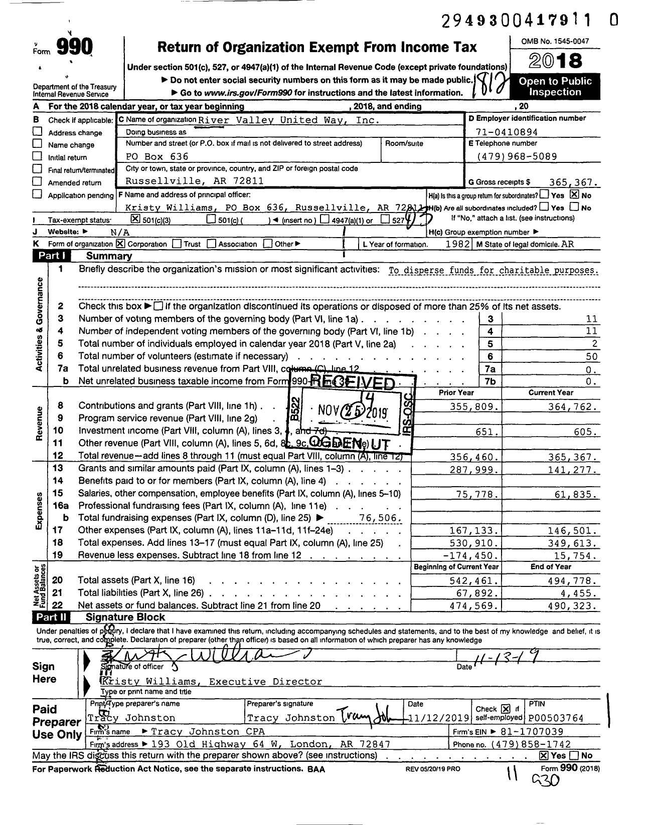 Image of first page of 2018 Form 990 for River Valley United Way