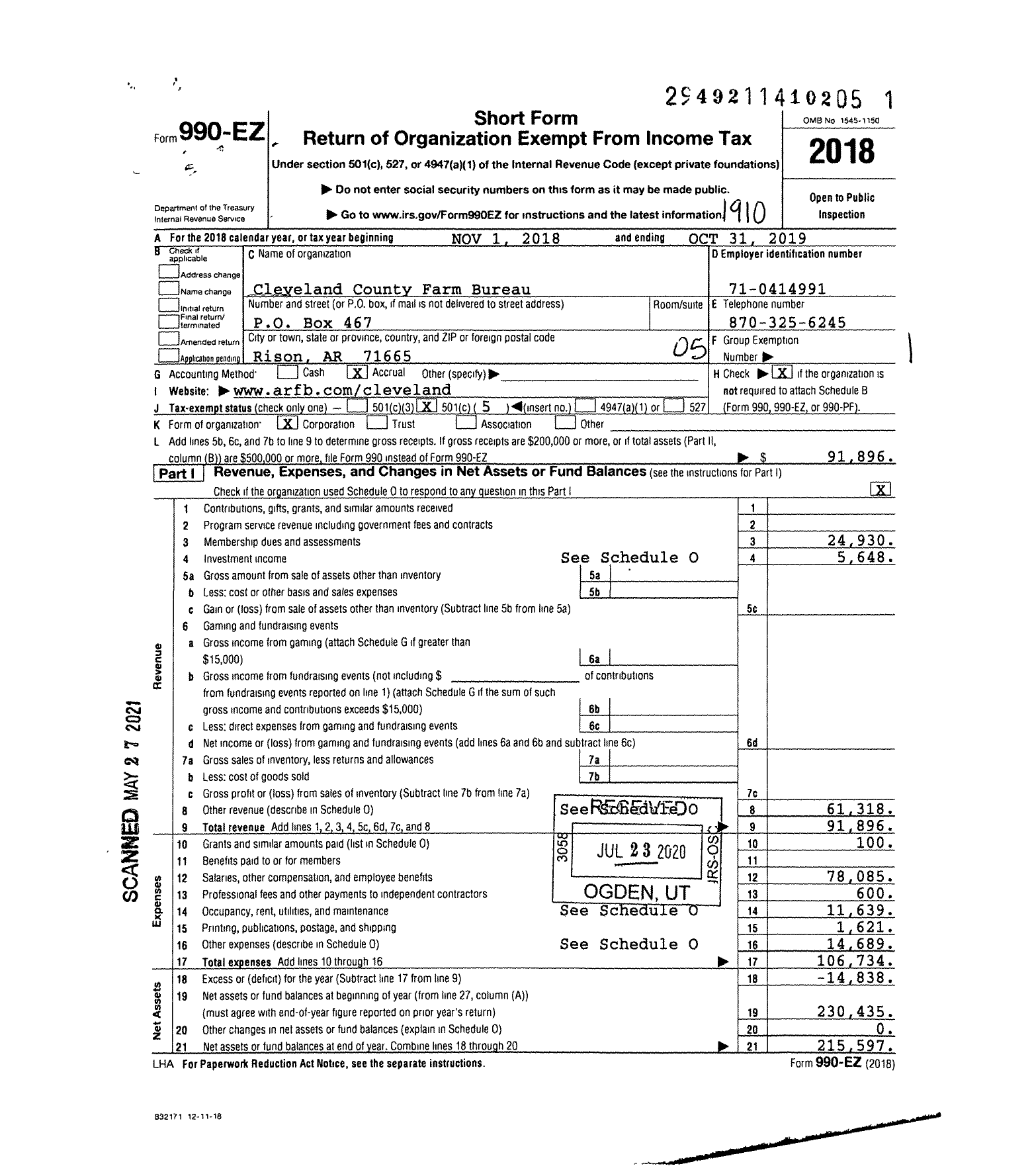 Image of first page of 2018 Form 990EO for Cleveland County Farm Bureau