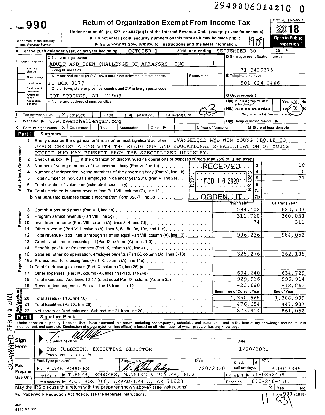 Image of first page of 2018 Form 990 for Adult and Teen Challenge of Arkansas