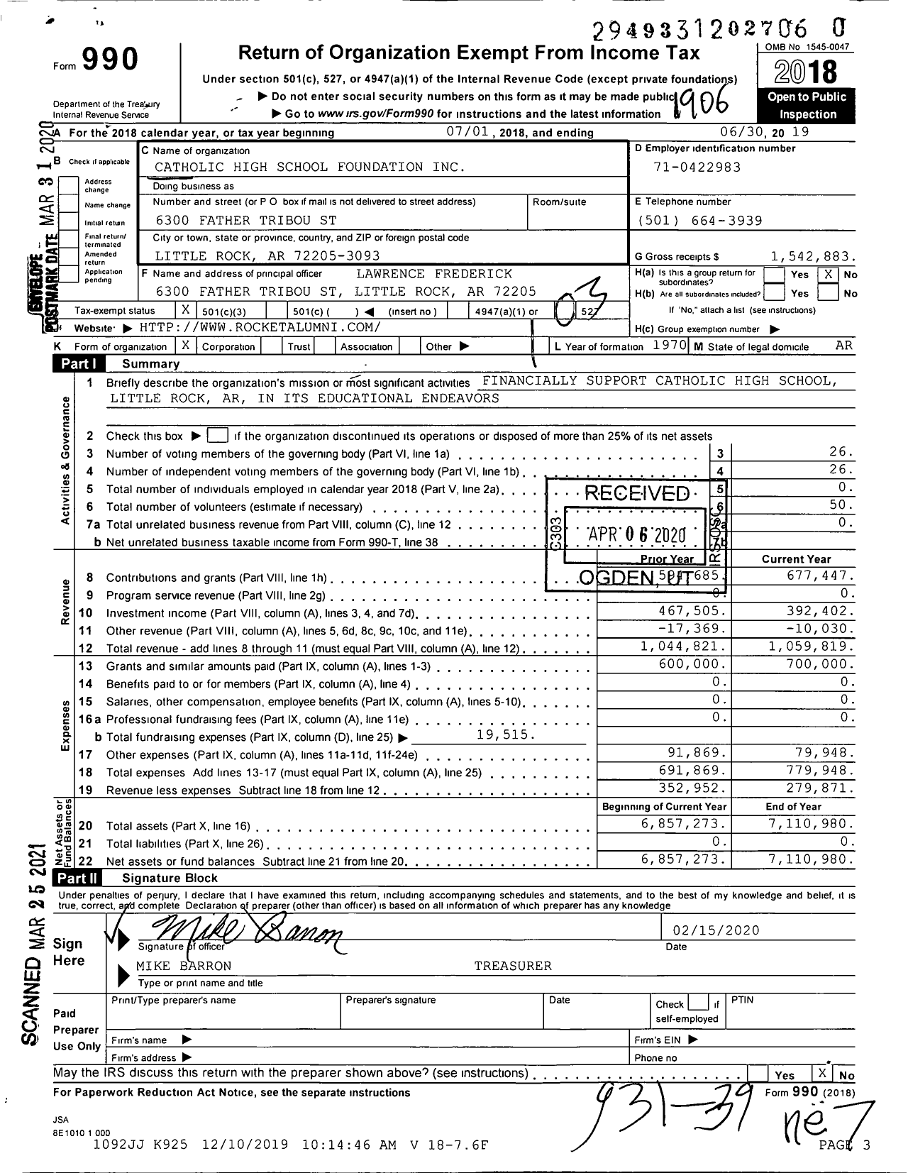 Image of first page of 2018 Form 990 for Catholic High School Foundation