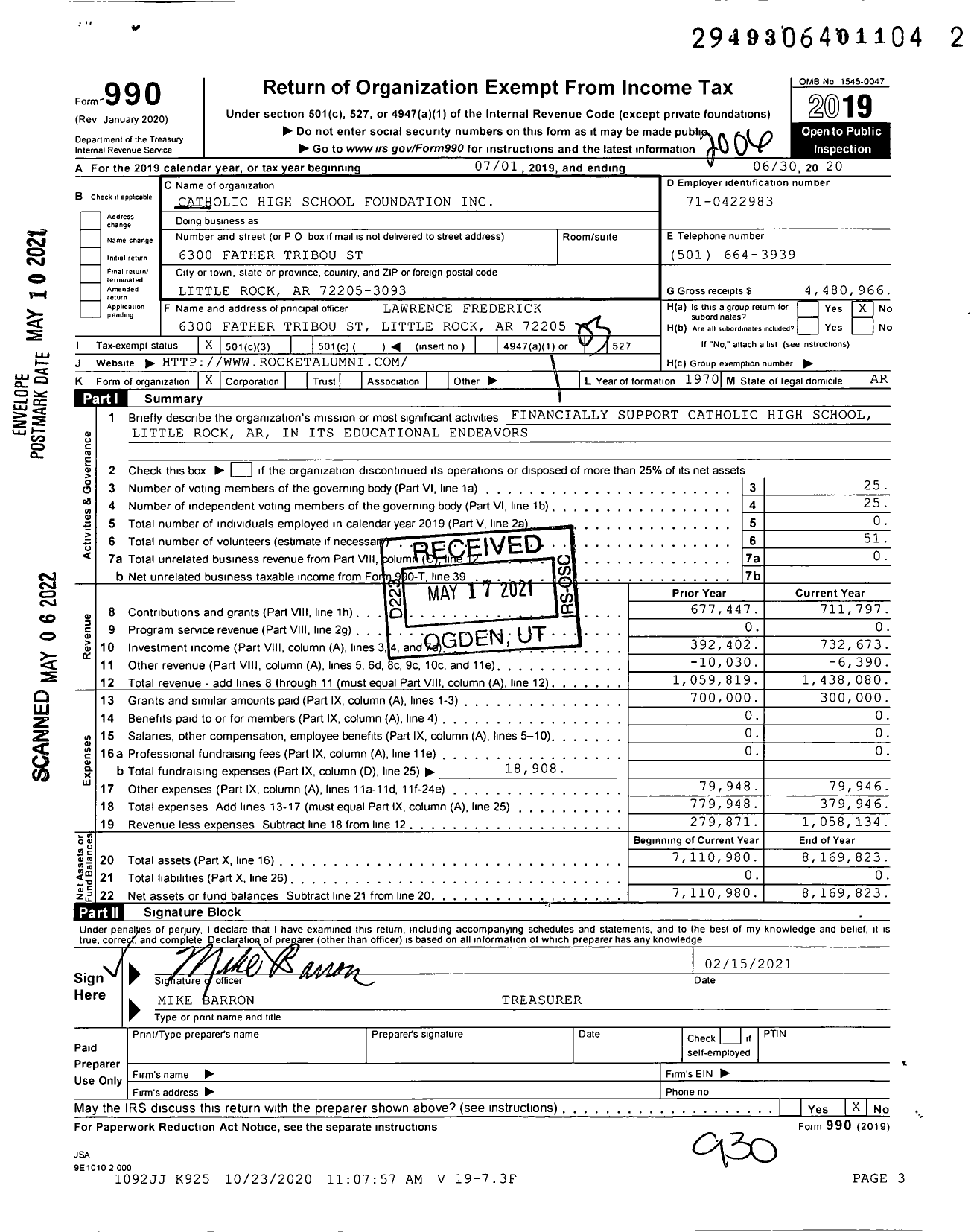 Image of first page of 2019 Form 990 for Catholic High School Foundation