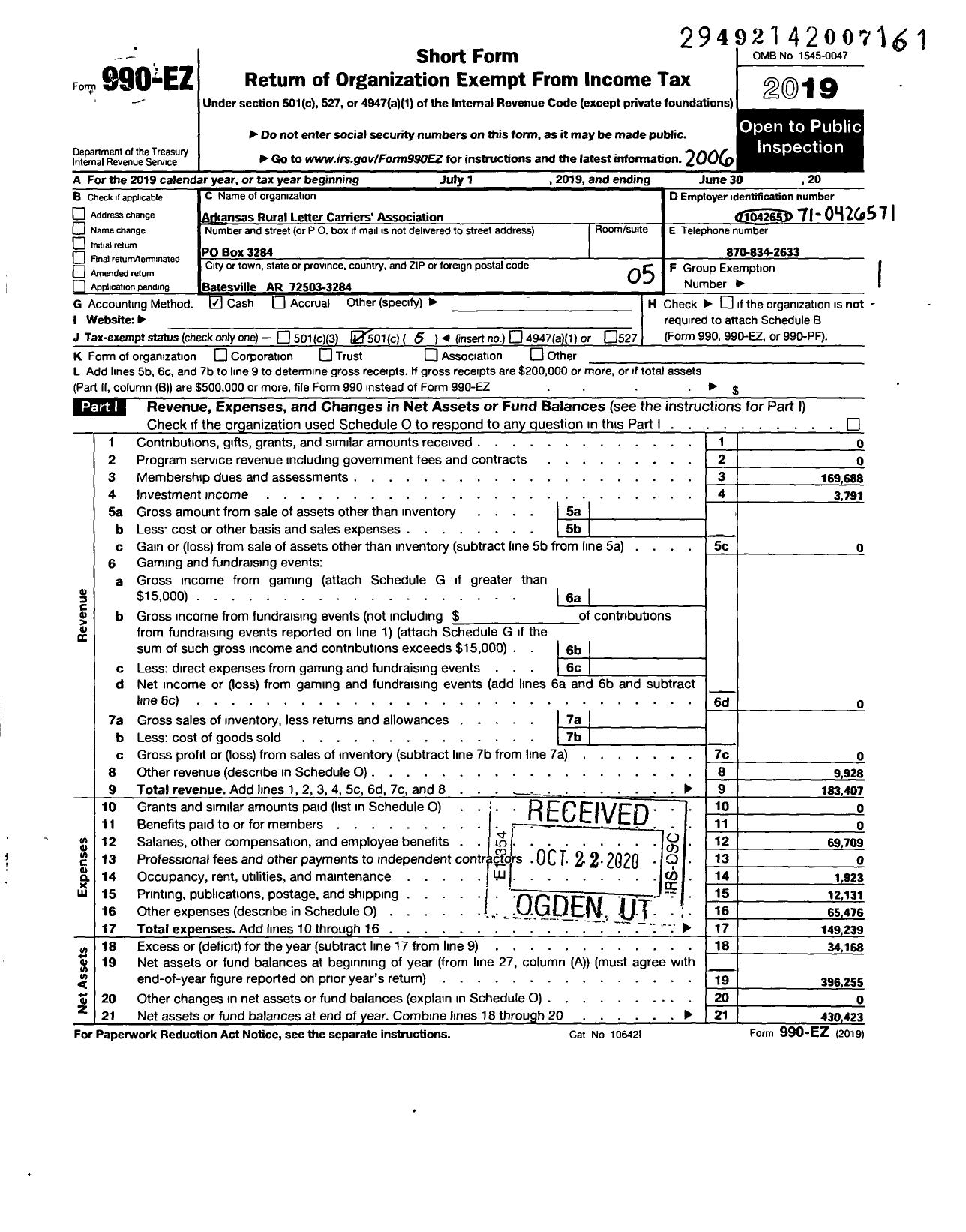 Image of first page of 2019 Form 990EO for National Rural Letter Carriers Association - Arkansas Rural Letter Carriers Association