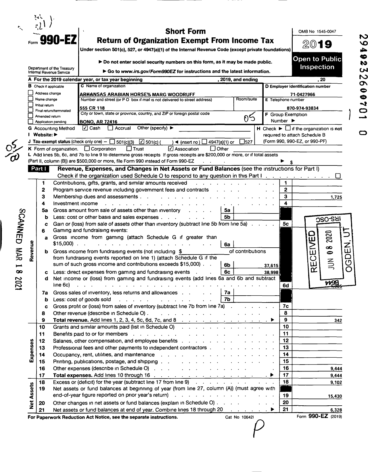 Image of first page of 2019 Form 990EO for Arkansas Arabian Horse Club