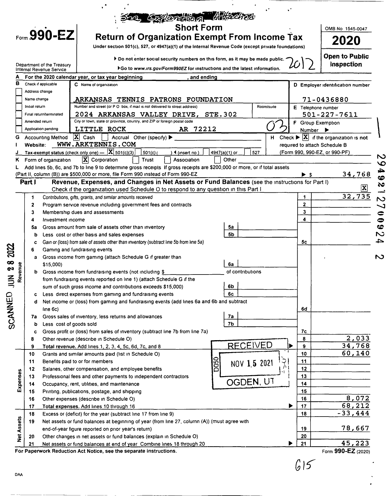 Image of first page of 2020 Form 990EZ for Arkansas Tennis Patrons Foundation