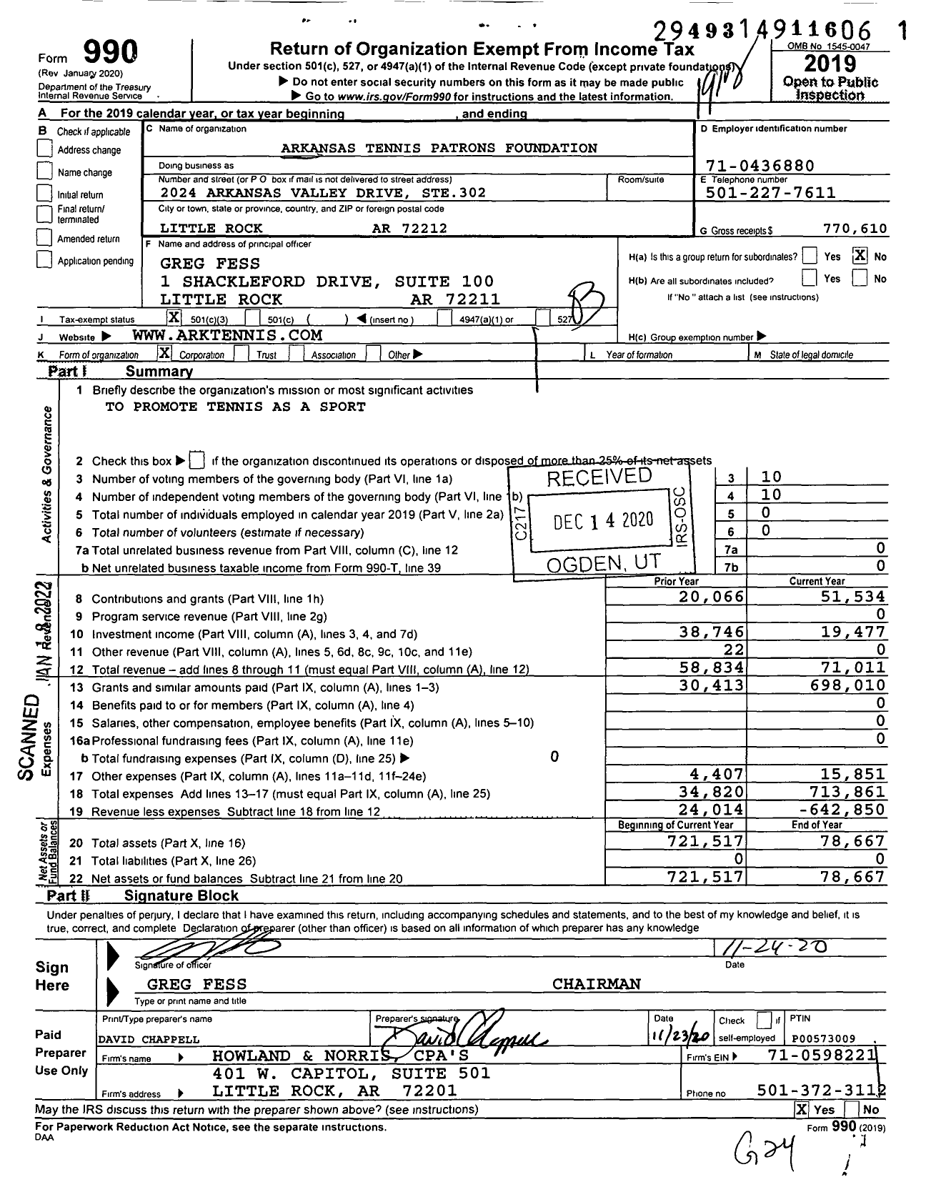 Image of first page of 2019 Form 990 for Arkansas Tennis Patrons Foundation