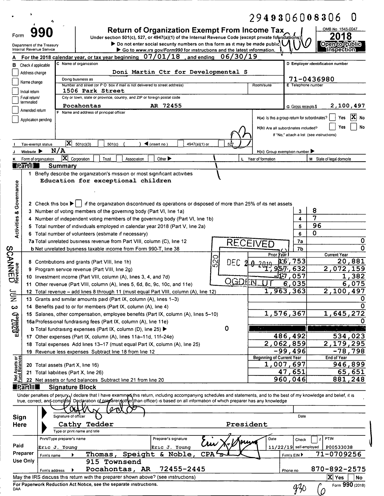 Image of first page of 2018 Form 990 for Doni Martin Centr for Developmental Services (DMC)