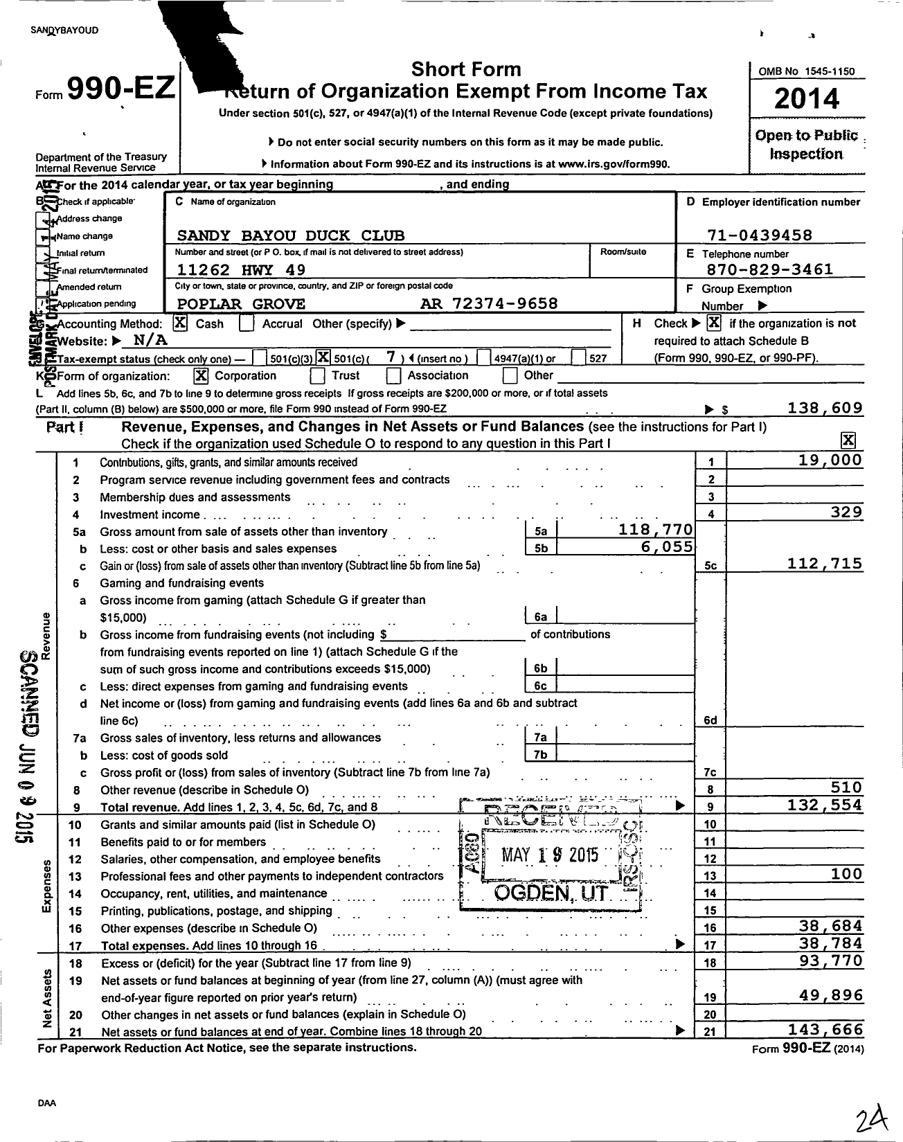 Image of first page of 2014 Form 990EO for Sandy Bayou Duck Club