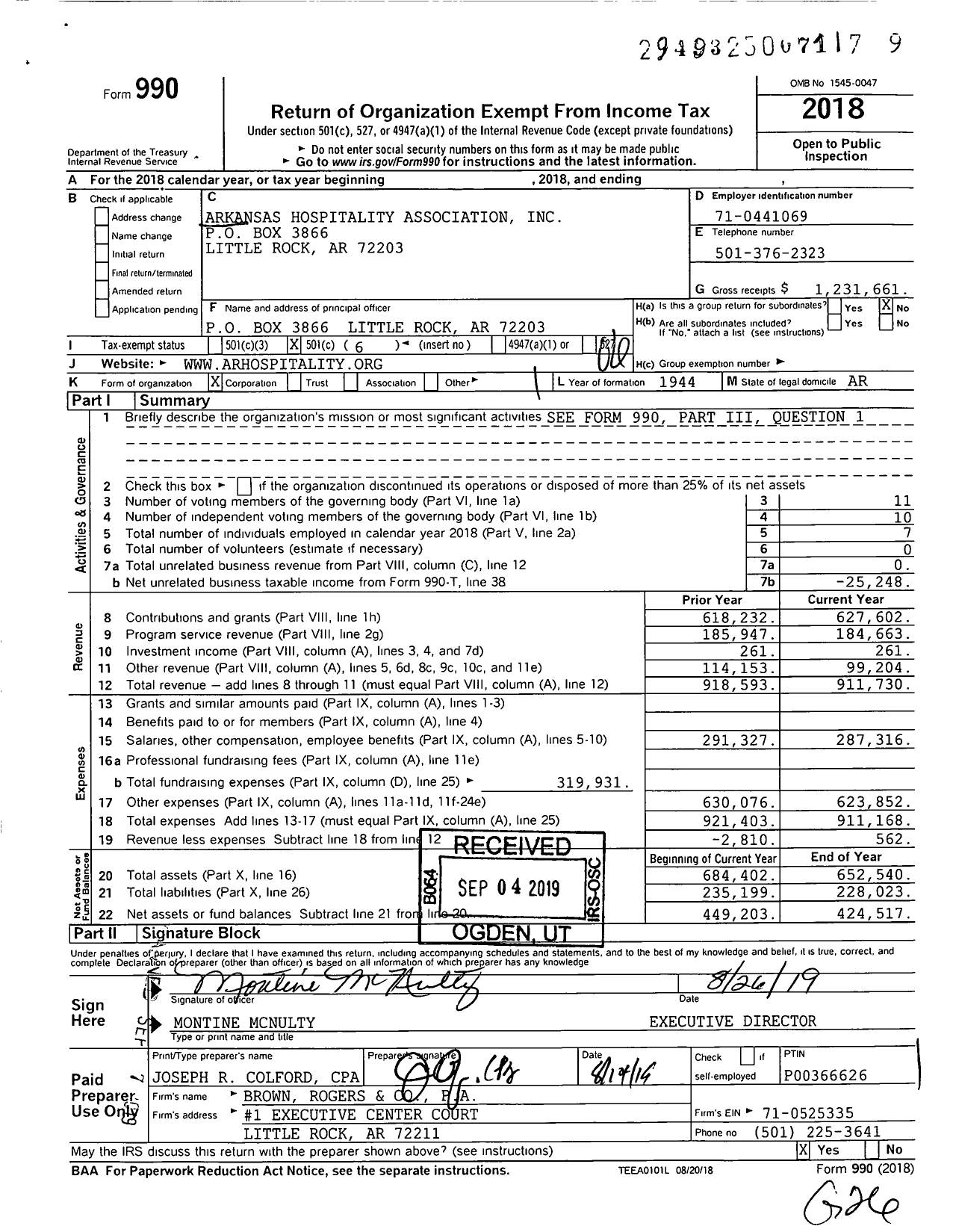 Image of first page of 2018 Form 990O for Arkansas Hospitality Association