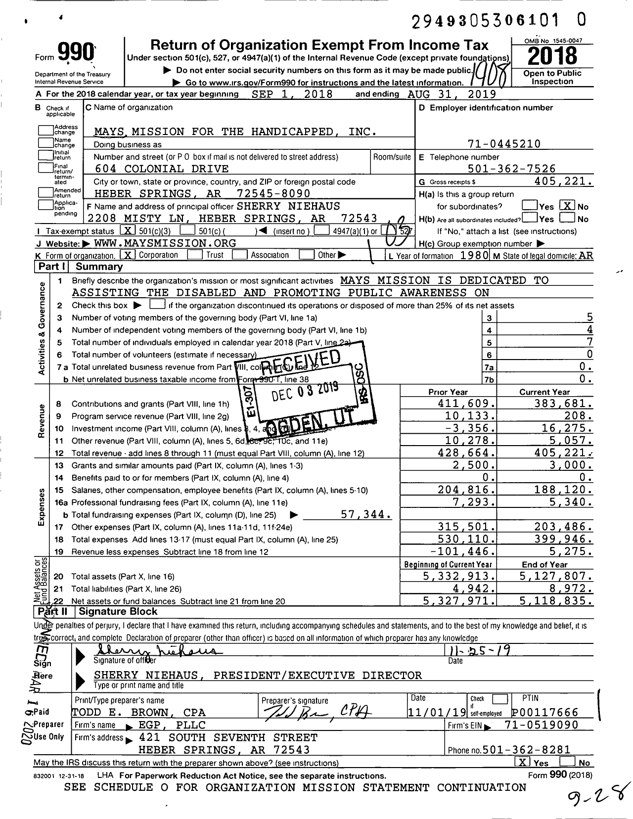 Image of first page of 2018 Form 990 for Mays Mission for the Handicapped