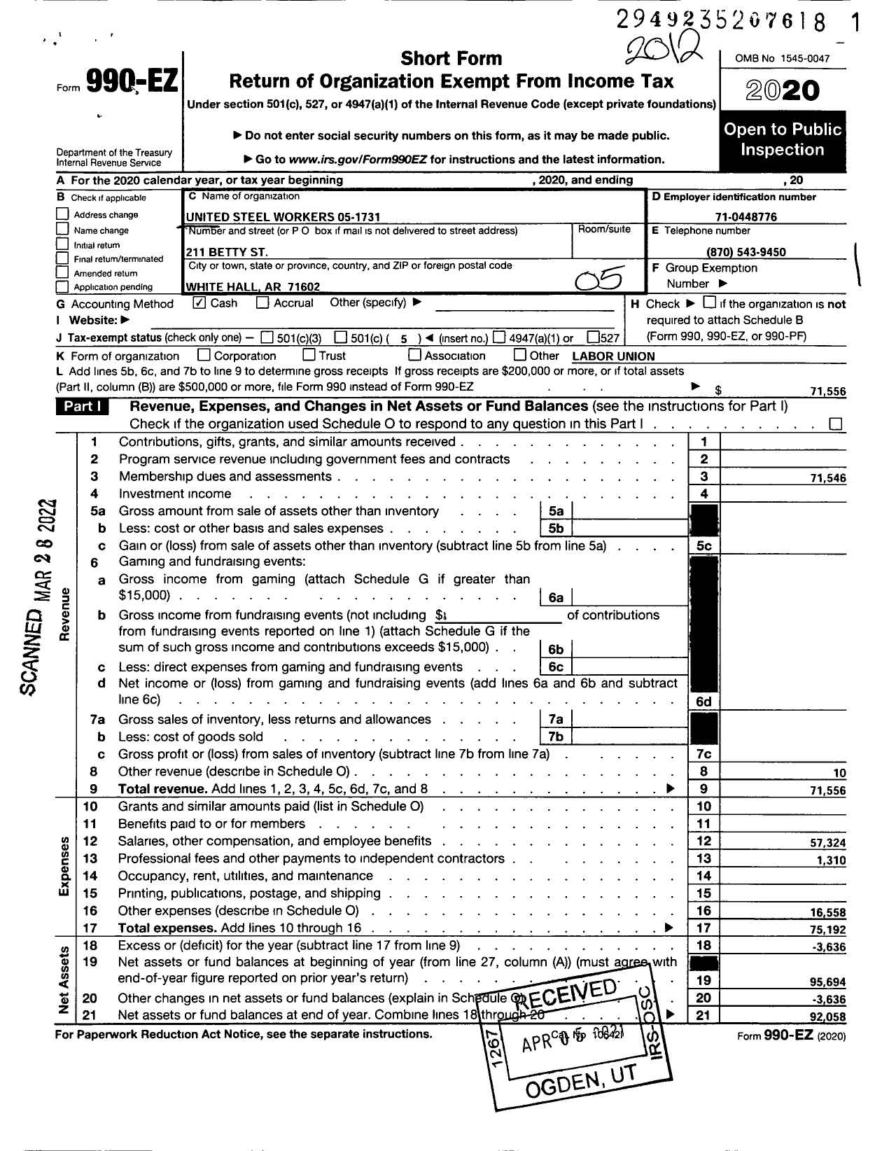 Image of first page of 2020 Form 990EO for United Steelworkers - 01731 Local