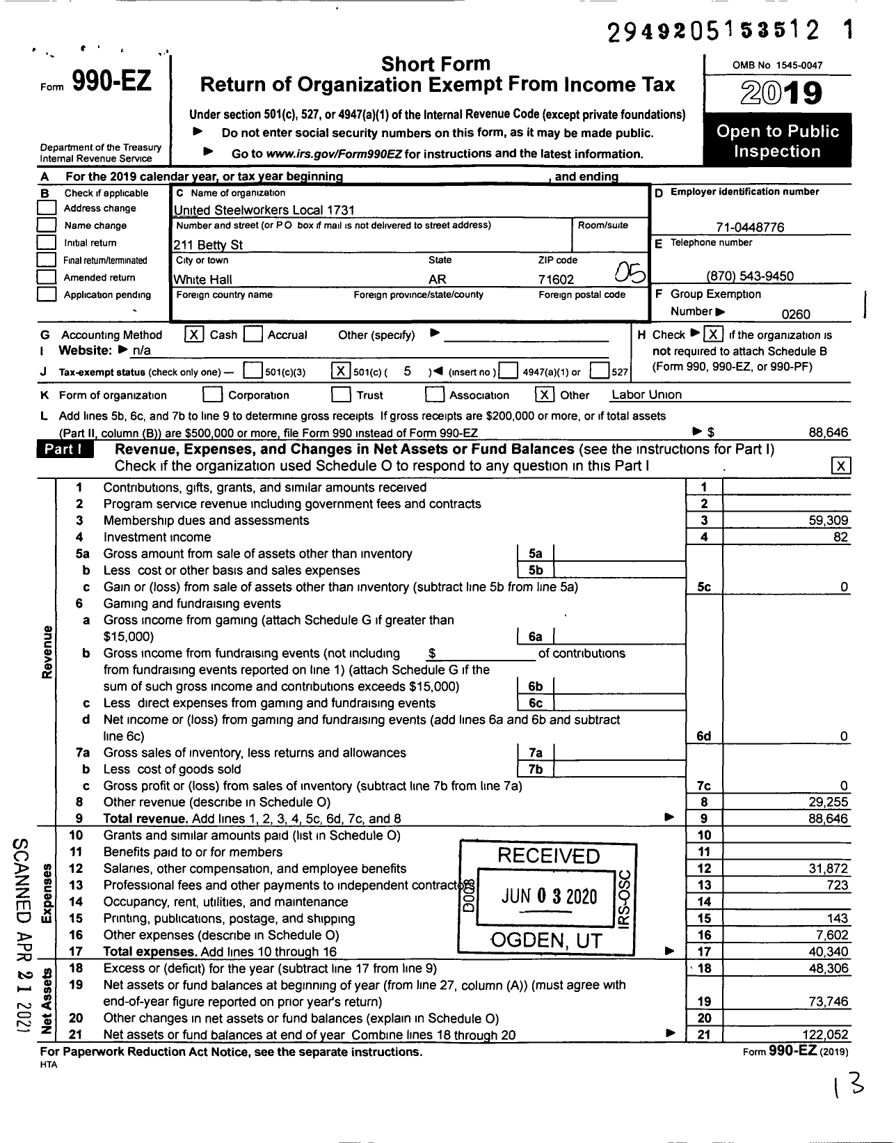 Image of first page of 2019 Form 990EO for United Steelworkers - 01731 Local