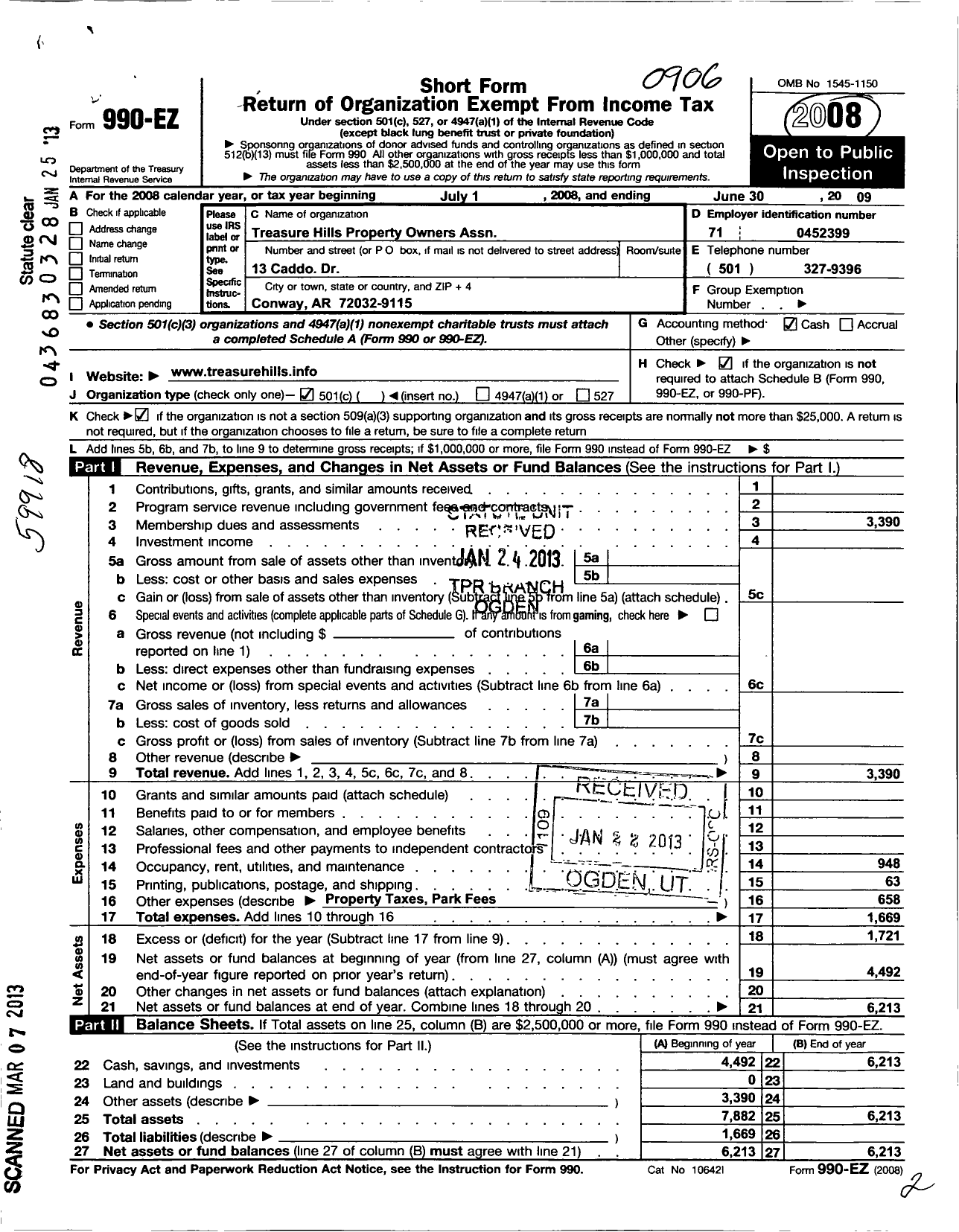 Image of first page of 2008 Form 990EO for Treasure Hill Property Owners Association