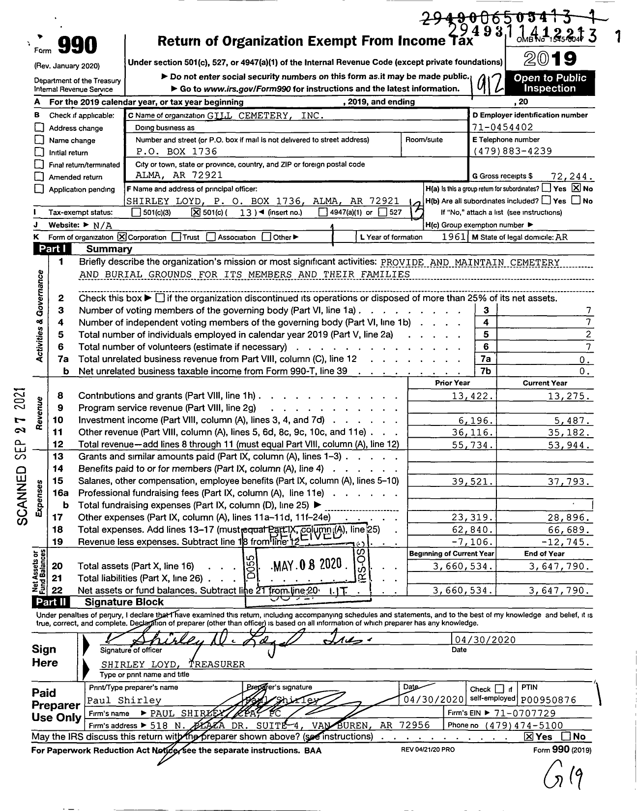 Image of first page of 2019 Form 990O for Gill Cemetery