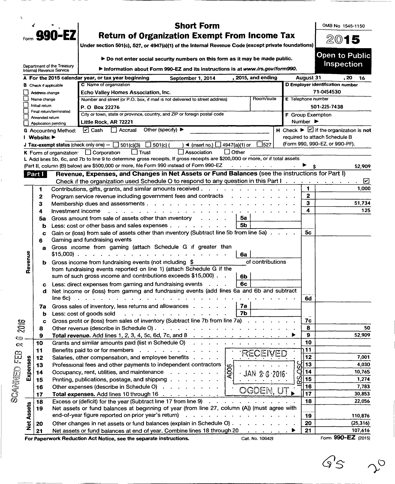 Image of first page of 2015 Form 990EO for Echo Valley Homes Association