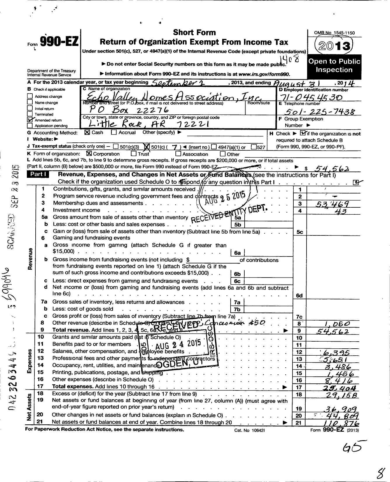 Image of first page of 2013 Form 990EO for Echo Valley Homes Association