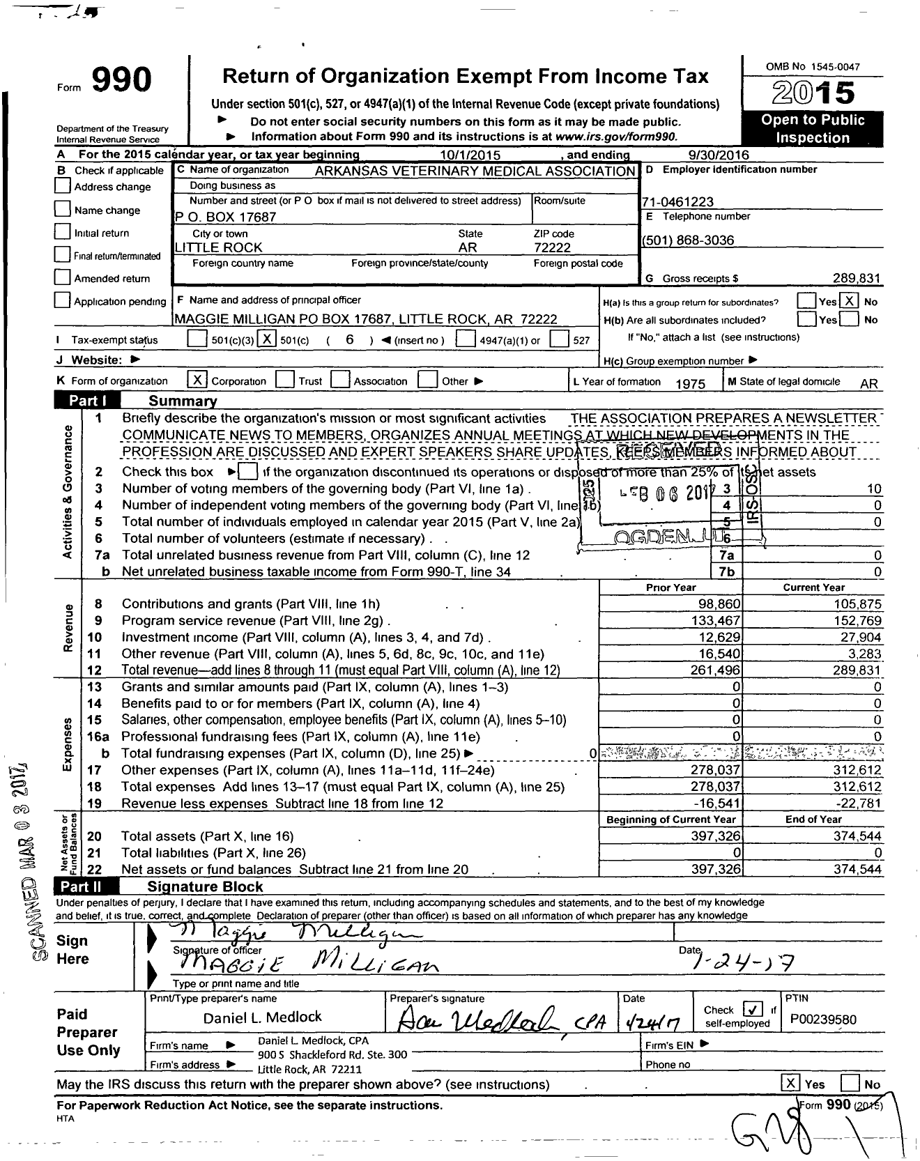 Image of first page of 2015 Form 990O for Arkansas Veterinary Medical Association