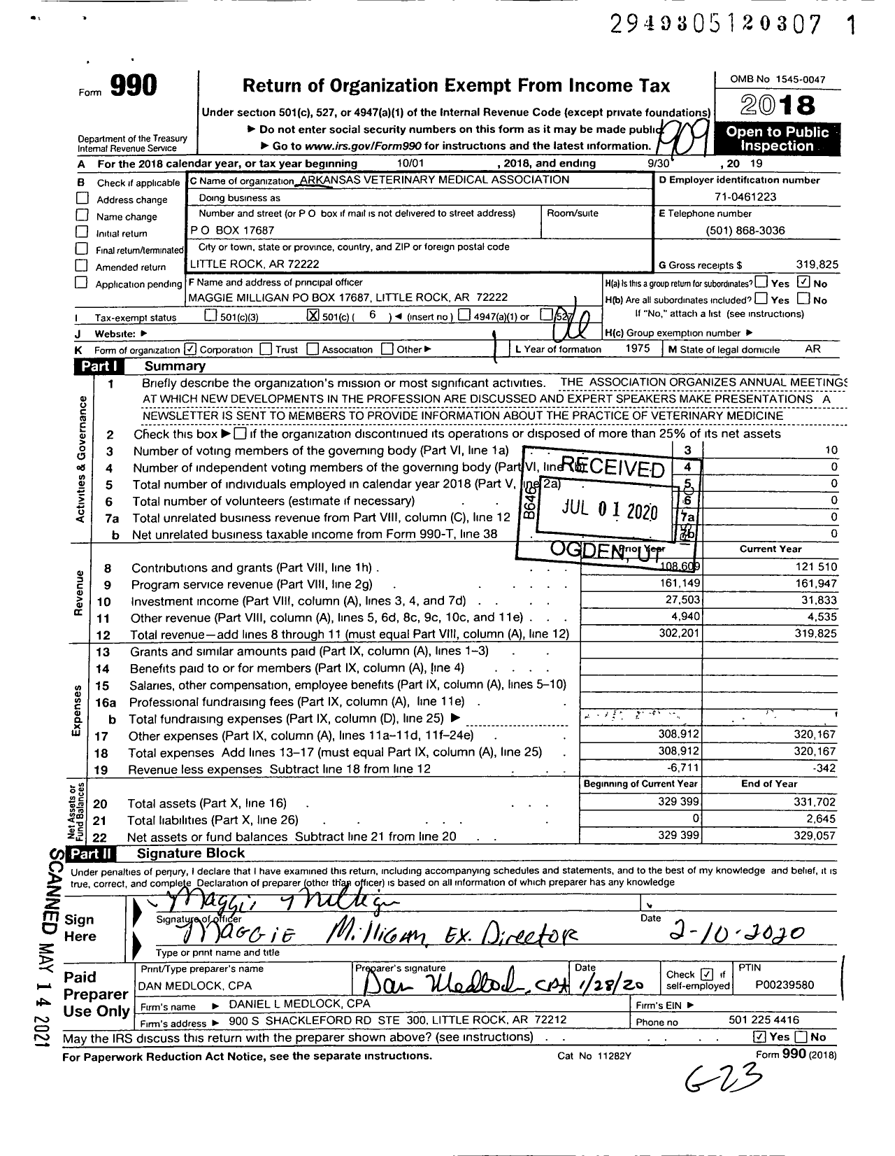 Image of first page of 2018 Form 990O for Arkansas Veterinary Medical Association