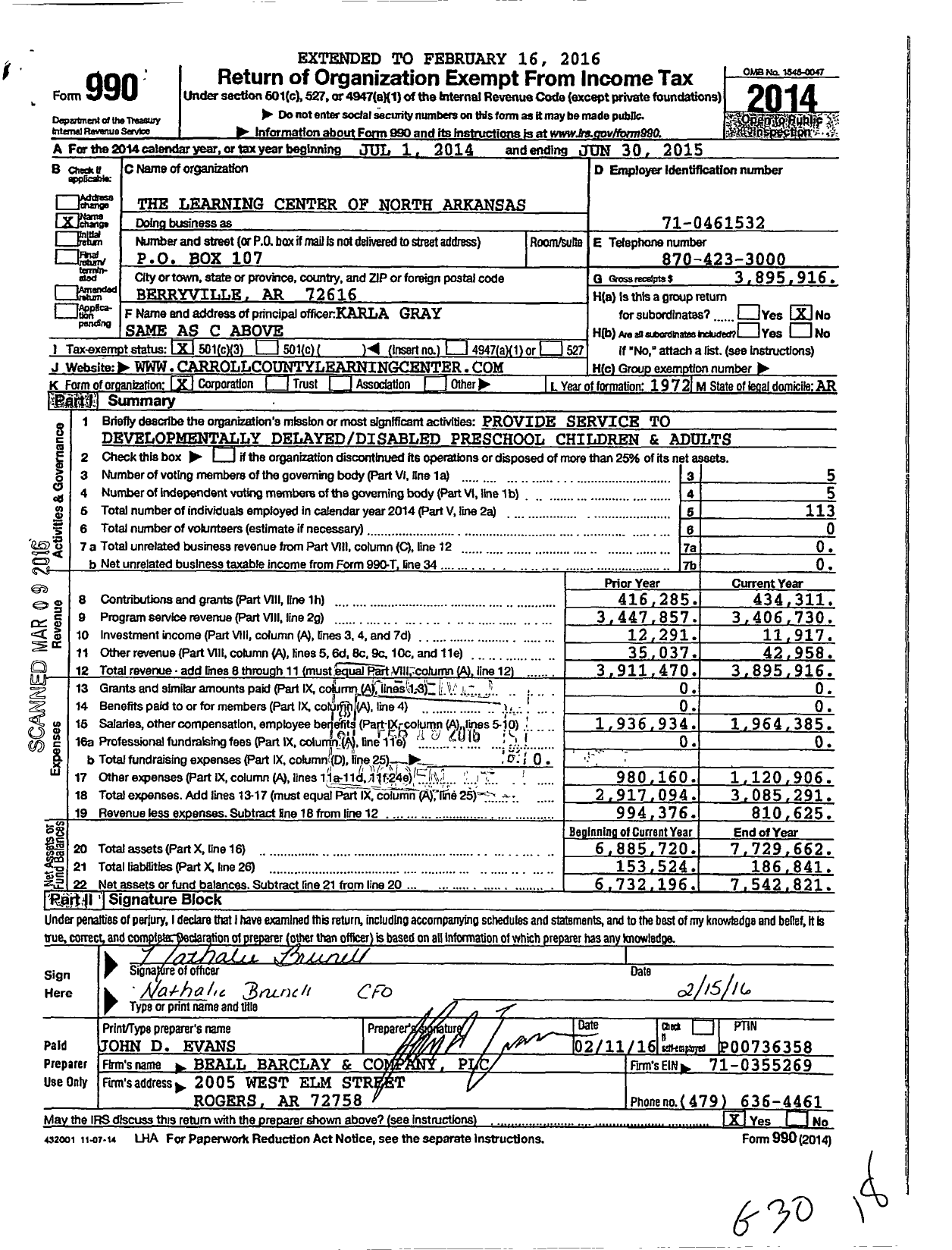 Image of first page of 2014 Form 990 for The Learning Center of North Arkansas